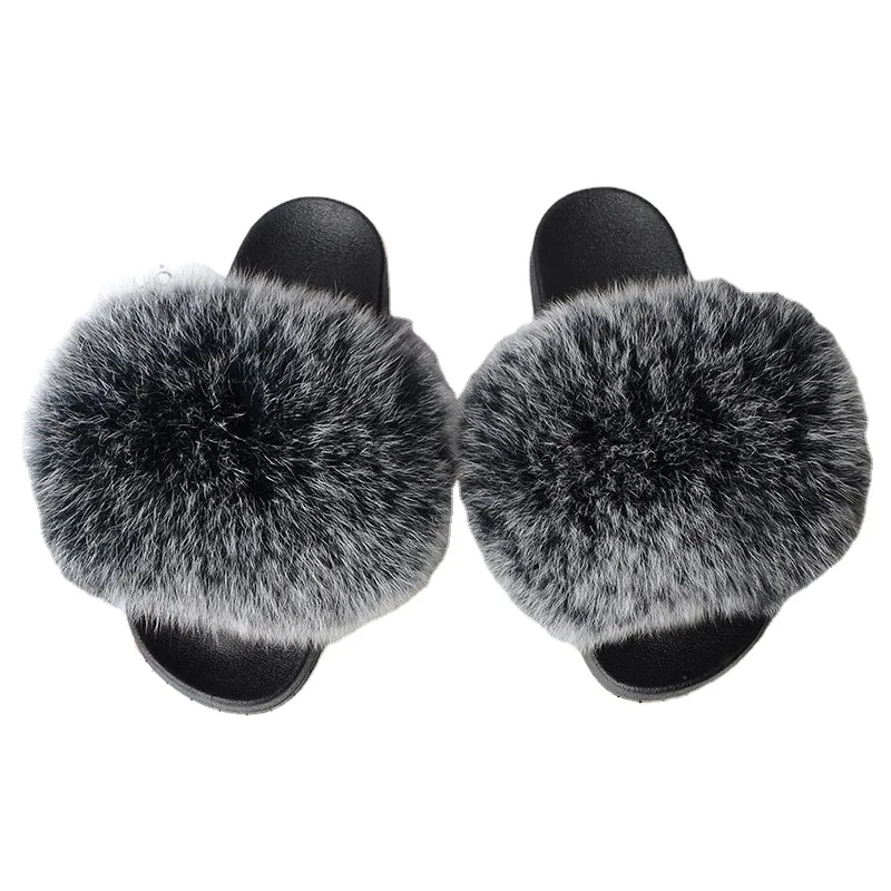 Fluffy Raccoon Fur Women Slides Sandal Slippers Custom Wholesale Real Fox Fur Slide Ladies Girls Flat Outdoor Wear