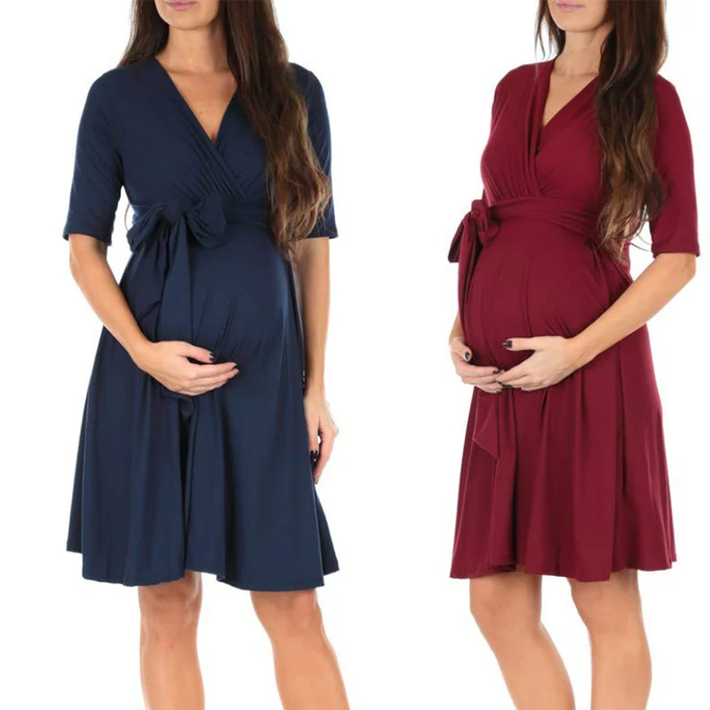 V-neck Maternity Wrap Self-tie Waist Dress Breastfeeding Clothing Pregnant Casual Dress