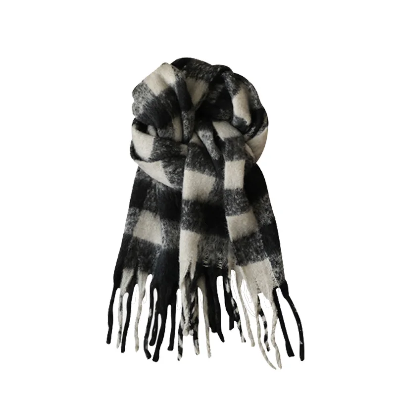Blue scarf female winter senior sense Korean version of all students mohair checkered bib cape