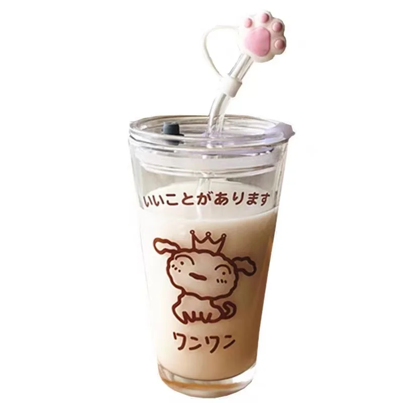 Transparent round glass water cup with lid 12oz milk cup with straw clear drinking glass mug