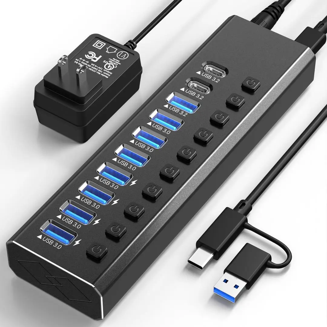 10 ports USB c hub type c 3.1 10Gbps Aluminum alloy high quality 10 ports USB3.0 hub with individual switch