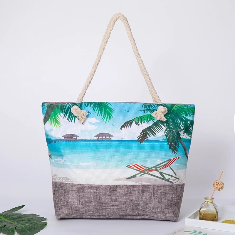 Summer Fashion Canvas Shopping Shoulder Bag Large Capacity Coconut Tree Printed Cotton Beach Tote Bag for Women