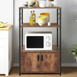 Brown  Rack With 1 Cabinet And 8 S Hooks 3 Tier Industrial Utility Stand Cart Multipurpose Microwave Oven Kitchen Storage Shelf