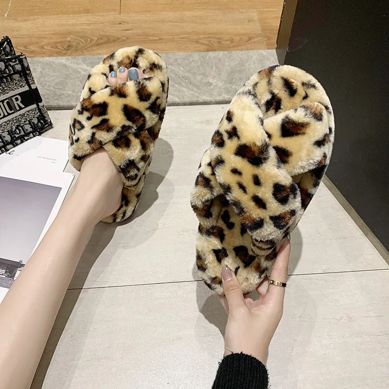 
Customized large size cross hairy slippers women thick-soled elastic band open toe plush slippers for ladies 