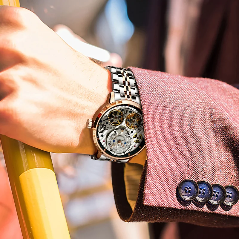 Механические часы jinshanghai с двойным маховиком, модная маленькая пластина с тремя контактами, водонепроницаемые механические часы с ремешком из нержавеющей стали