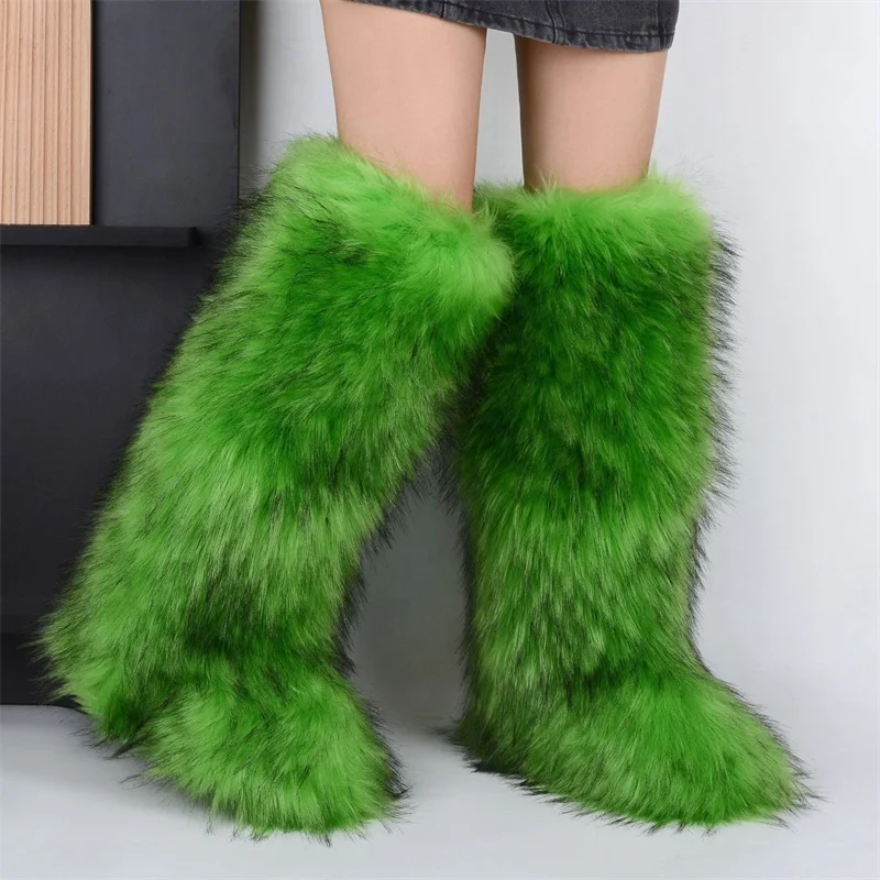 2024 Mongolian Women Boots Furry Colorful Winter Shoes Girls Warm Flat Casual Non-slip Footwear Faux Fur Snow Boots