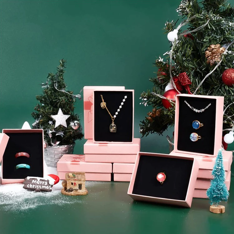 Pink Rectangle Cardboard Jewelry Gift Box Packaging Small Kraft Box for Jewelry Set with Sponge Liner Cushion