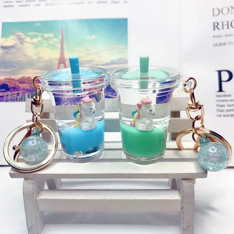 3D Cute Cartoon Unicorn Keychain Boba Milk Tea Floating Liquid Sequin Key Chain Car Charm Keyring Bag Pendant For Women Men Kids