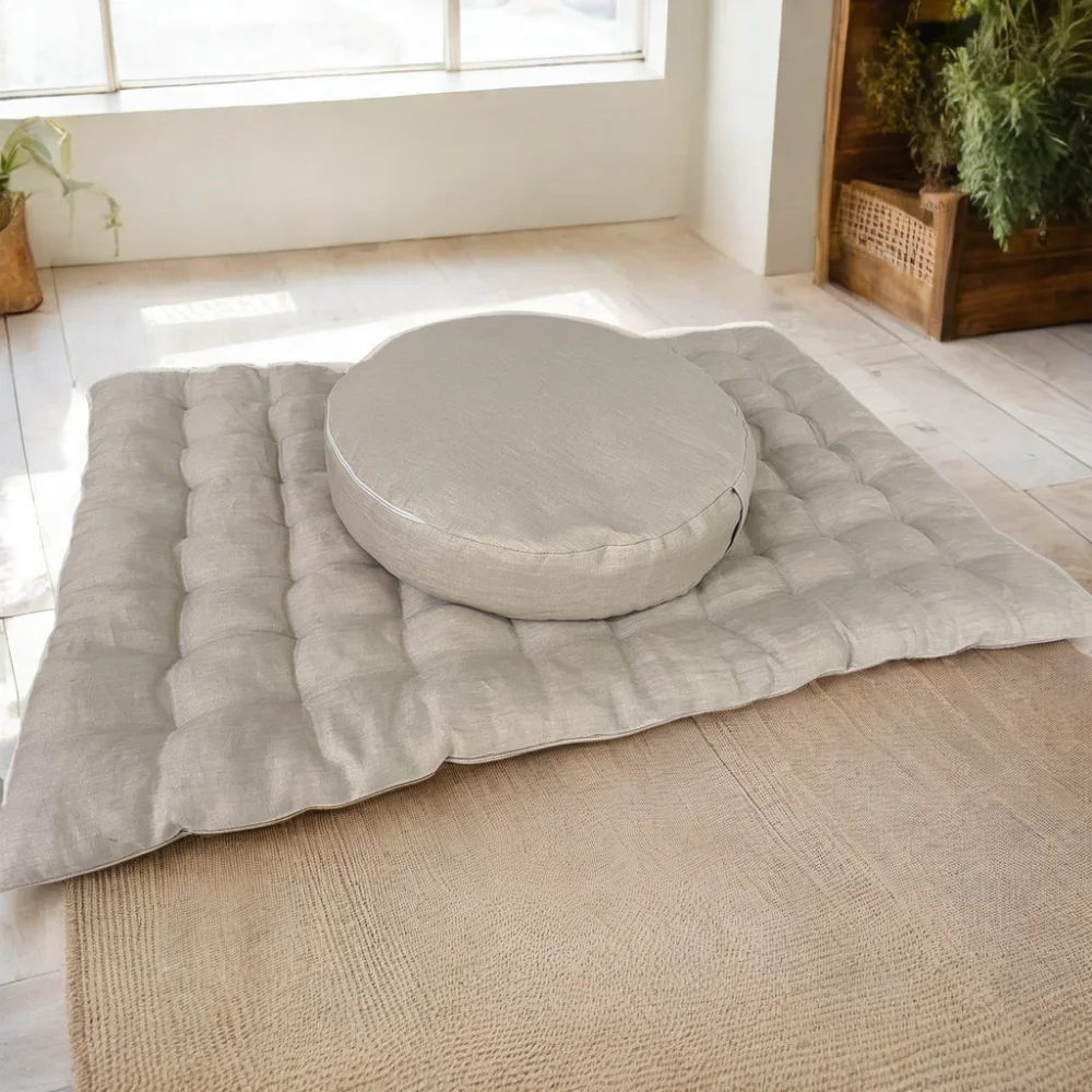 Custom Eco-friendly Zafu Meditation Cushion 100% Hemp Fabric Large Seat Cushion Set Yoga Exercise Mat With Pp Cotton Filling
