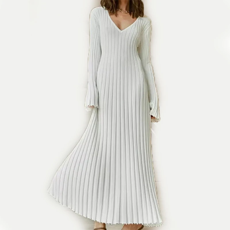 Autumn Winter Knitted V-neck Casual Ladies Ribbed Maxi Robe Elegant Women Pleated Long Dress