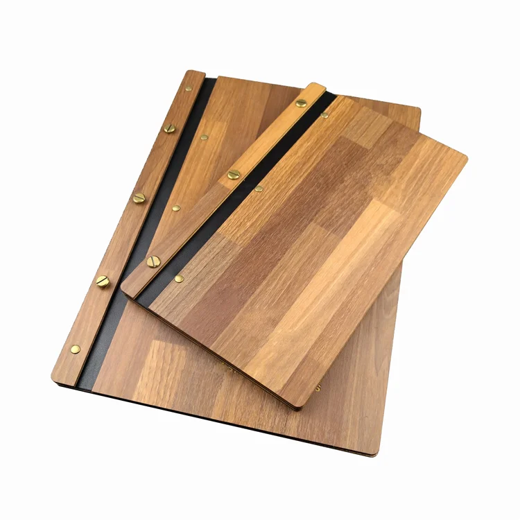 Customized Luxury Leather Strap Bamboo Wooden Cover Notebook Menu File Folder for Restaurant Hotel Wine Bar