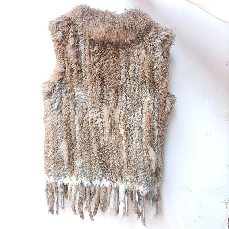 Hot sale Knitted Real Natural Rabbit Fur Gilet Women Fashion Genuine Fur Vest With Tassel Female Sleeveless Waistcoat