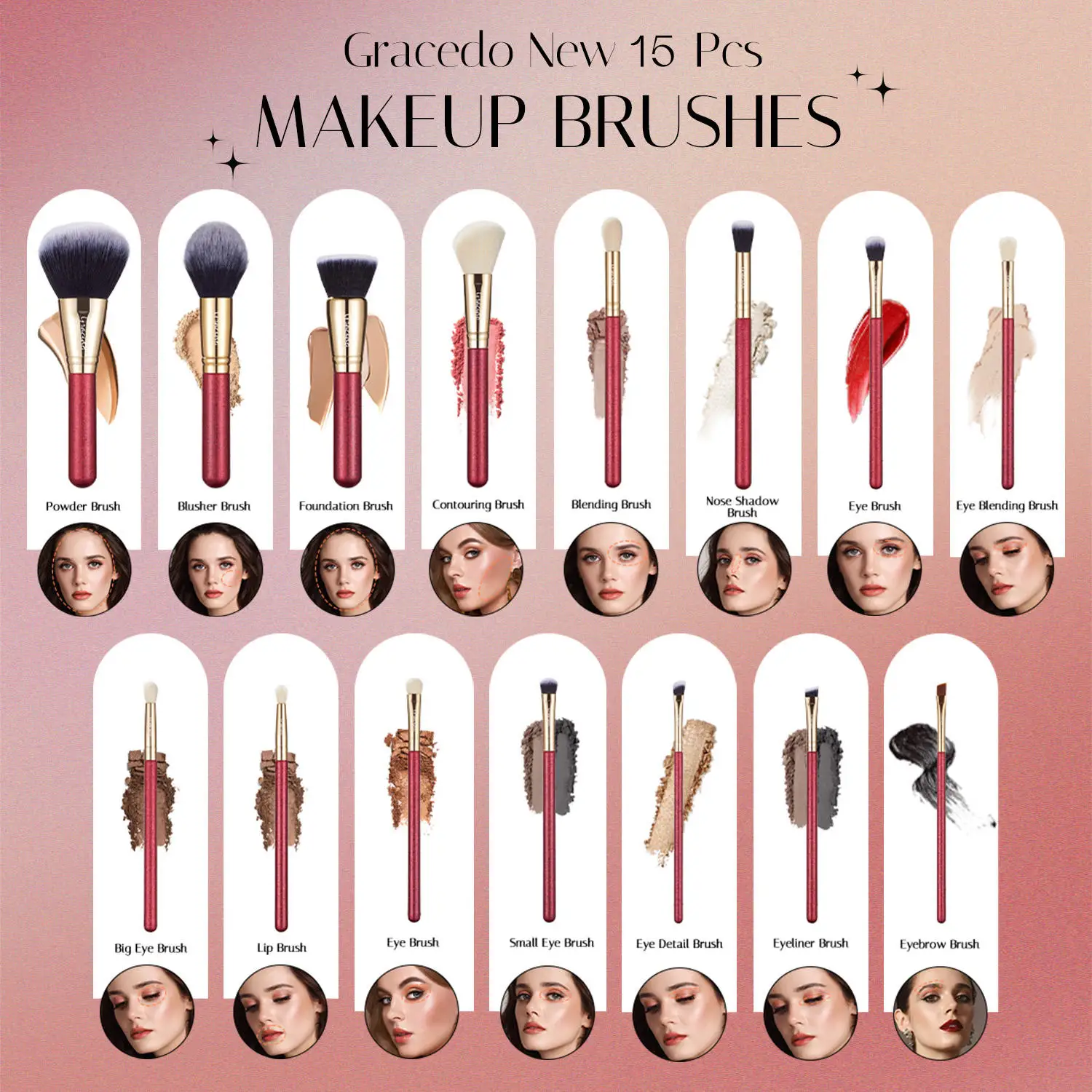 OEM Cosmetic 15/32pcs red Travel Luxury Private Label Face Soft Dense Synthetic Hair Wood Handle Cosmetic Makeup Brushes Set