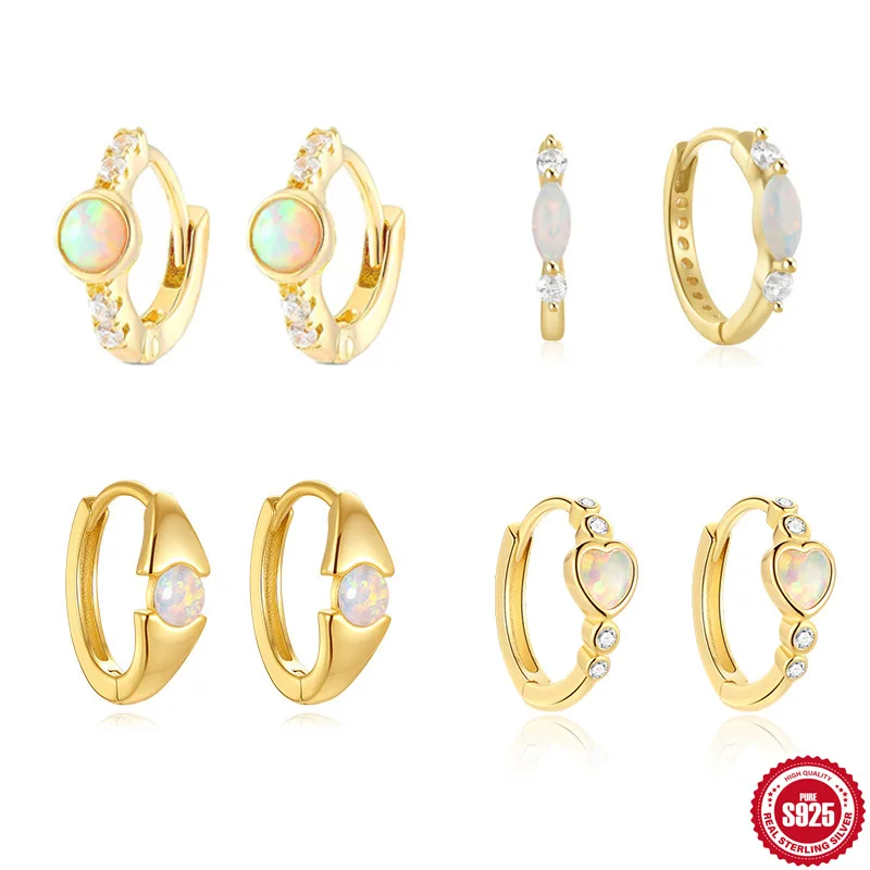 CAIOOCHE High End Luxury Vermeil 925 Sterling Silver Huggie Earrings with Opal Stone Diamonds Wedding Jewelry Hoop Earrings