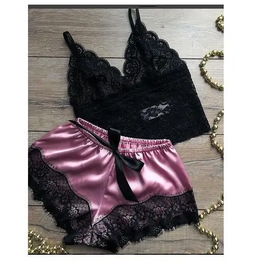 New 2024 Women Sexy Lingerie 2pcs Sheer Temptation Lace Bra Satin Shorts Erotic Underwear Soft Mature Sleepwear