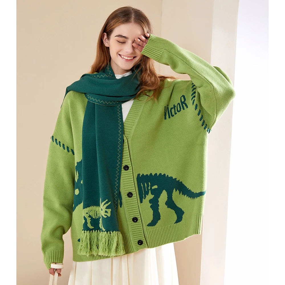 Customized New Winter Scarf High Quality Long Scarf Tasseled Knitted Scarf Fashion Dinosaur Pattern