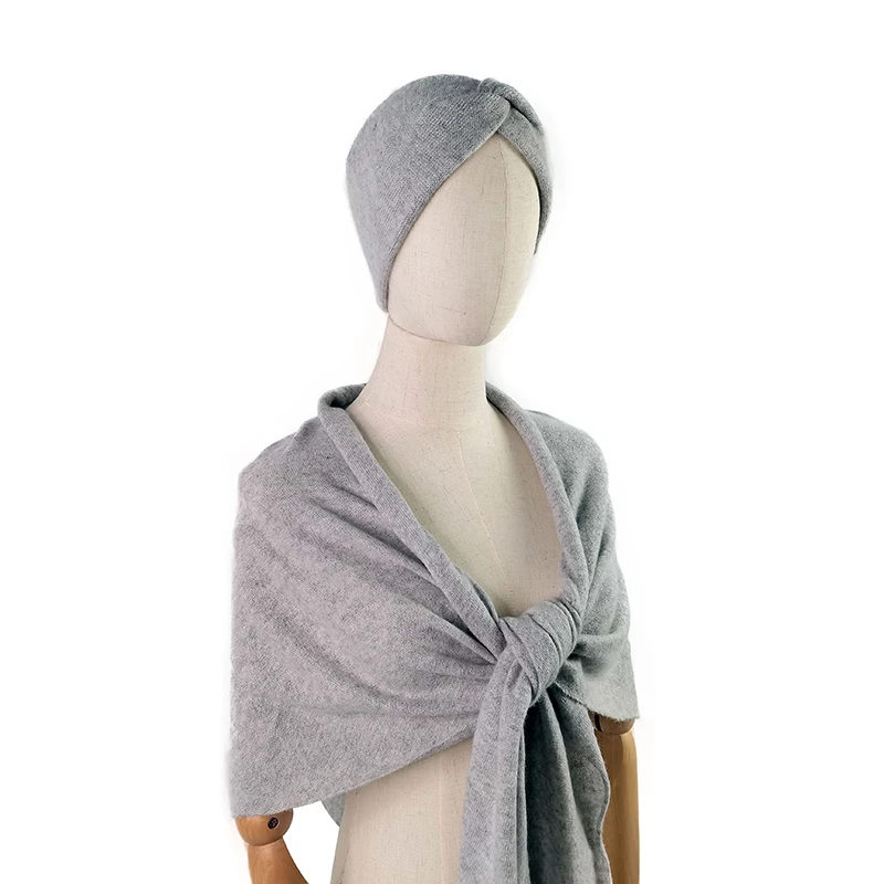 Set of Three Light Grey Pure Cashmere Headband Beanie and Triangular Scarf Pashmina Muffler