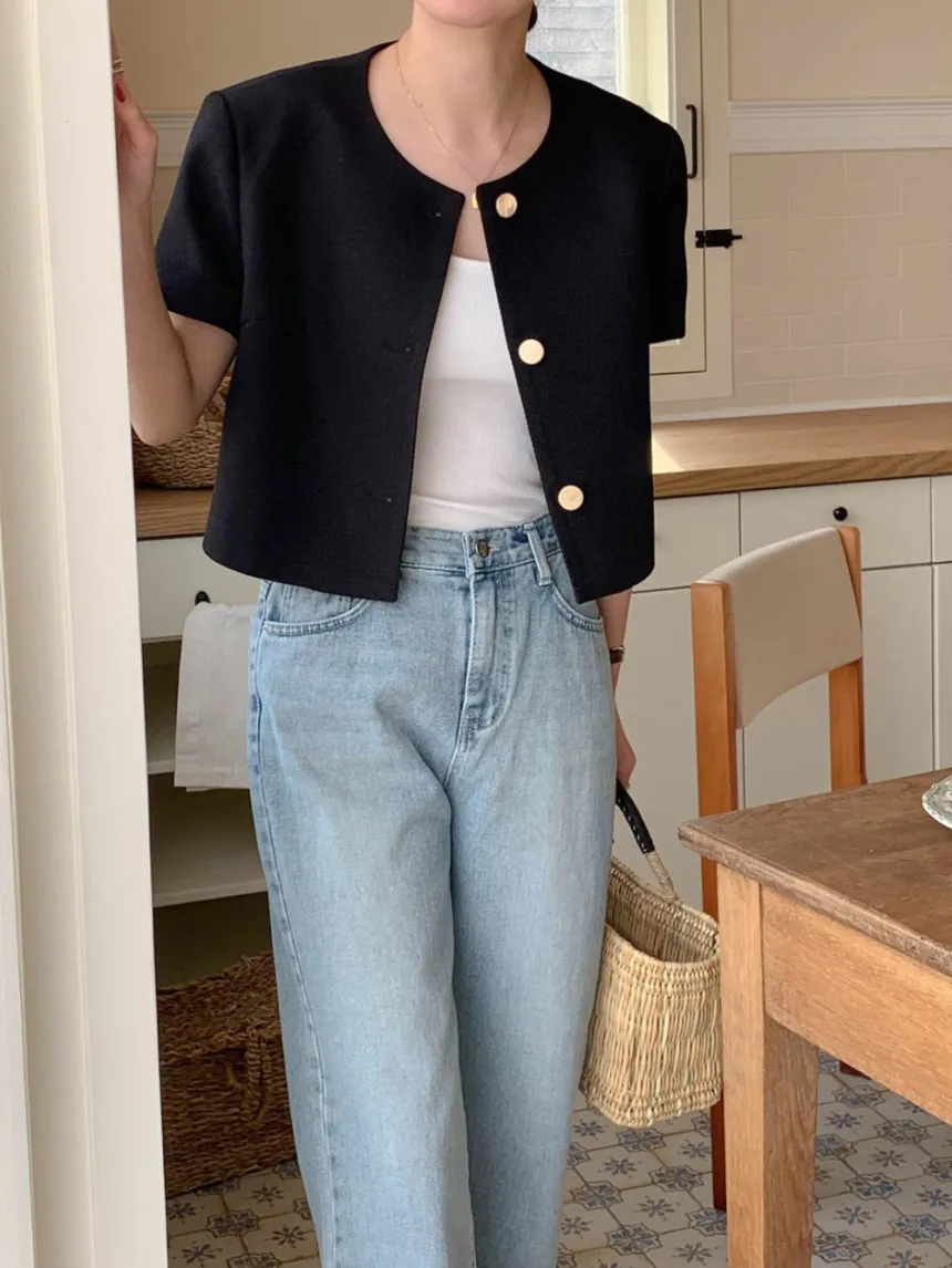 L080  New 2023 Korean Chic Solid Color Short Sleeve O Neck Elegant Short Sleeve Jacket Coat Clothing 5
