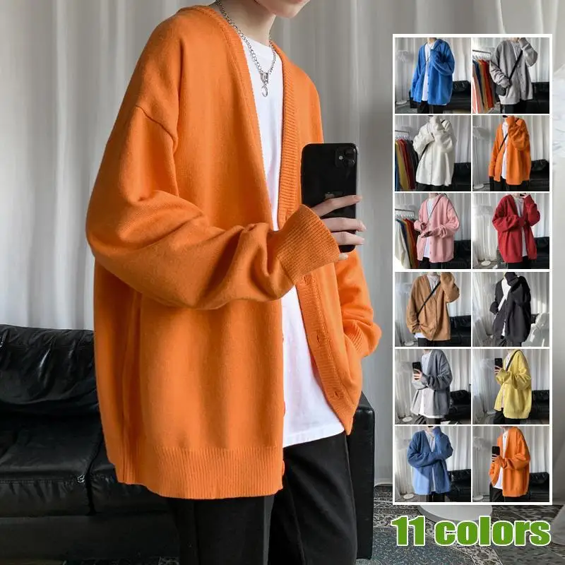 Top fashion mans knitted sweater cardigan loose V neck cardigan knit sweater in solid color large size bottom sweater