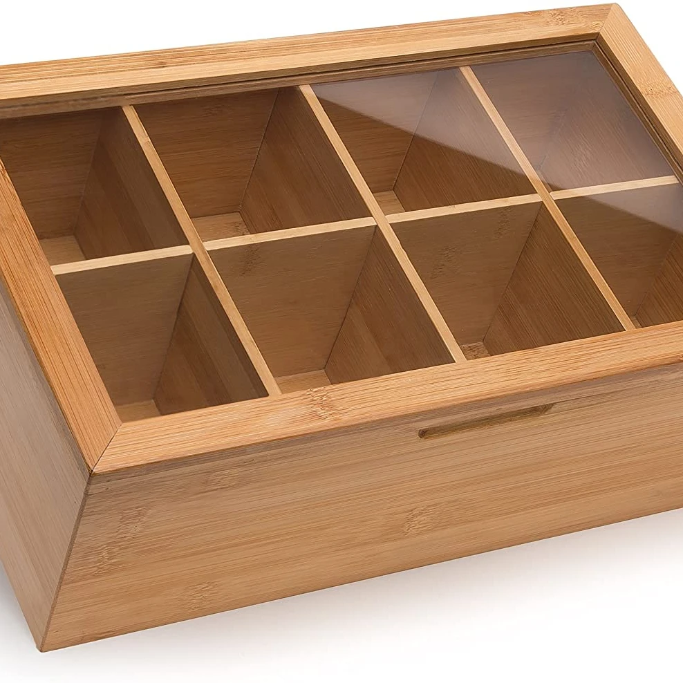 Natural Bamboo Tea Box Storage Organizer Taller Size Holds 120+ Standing or Flat Tea Bags 8 Adjustable Chest Compartments