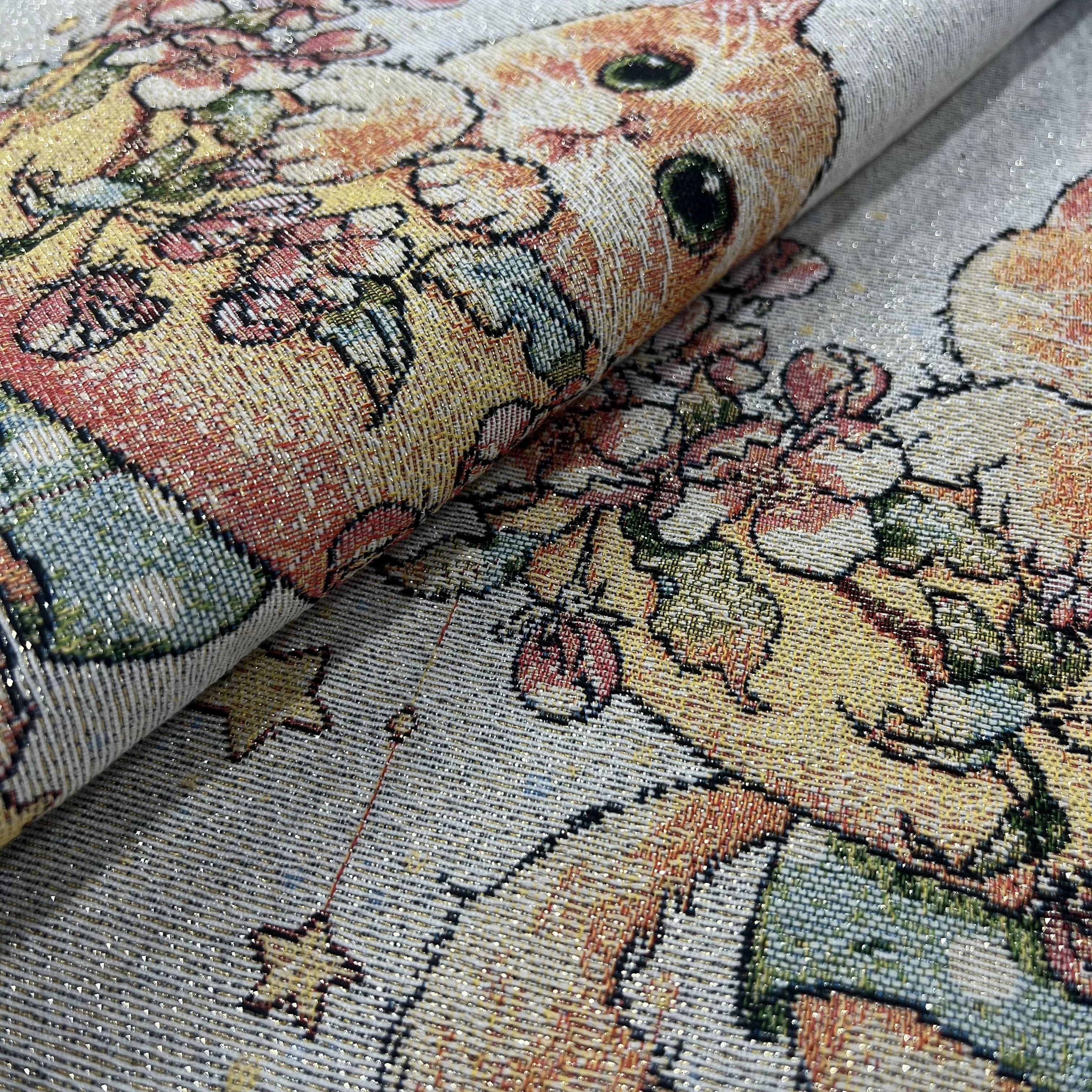 Cartoon Cat Jacquard Fabric Tapestry Cotton Yarn Dyed Woven Textile for Home Use Cushion Covers Bags Upholstery