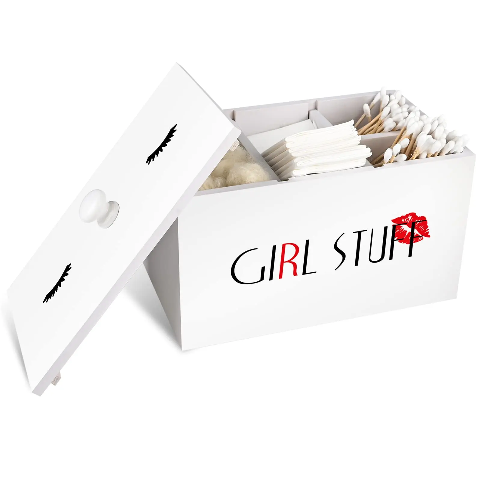 Tampon Holder for Bathroom Storage Container Movable Feminine Partition Case with Lid Wood White Small Storage Box