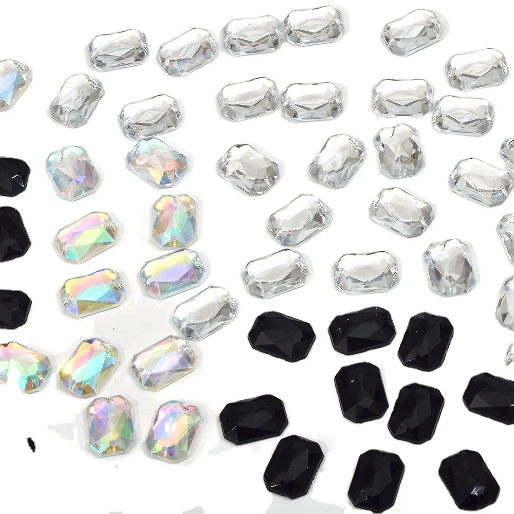 Acrylic AB color flat bottomed rectangular octagonal chamfered surface double hole hand sewn drill clothing shoes and hats