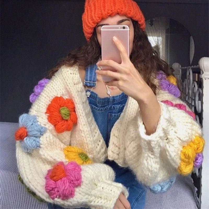 Wholesale  Hand Knitted Cardigan Womens Winter Handmade Flower Chunky Sweater Coat Women Lantern Sleeve Sweater Cardigan