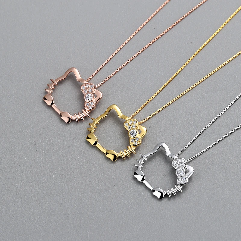 925 Sterling Silver Inlay Zircon Hello Kitty Pendant 18K Gold Plated Minimalist Trendy Korea Style Silver Necklace For Women