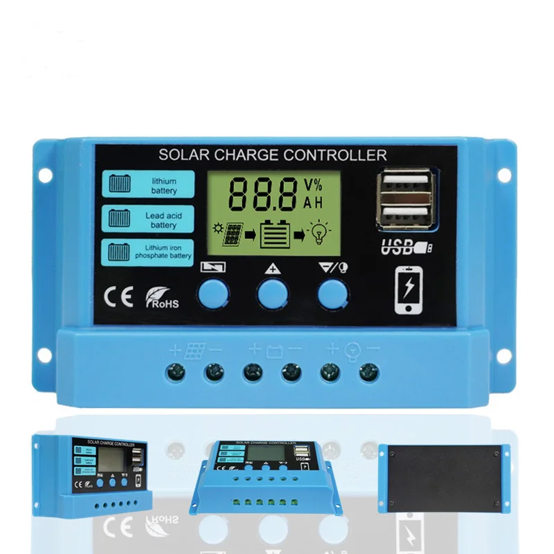 New 10a 20a 30a Lithium iron lifepo4 Battery Charger Regulators Stabilizers 12V 24V Auto Dual USB PWM Solar Charge Controller