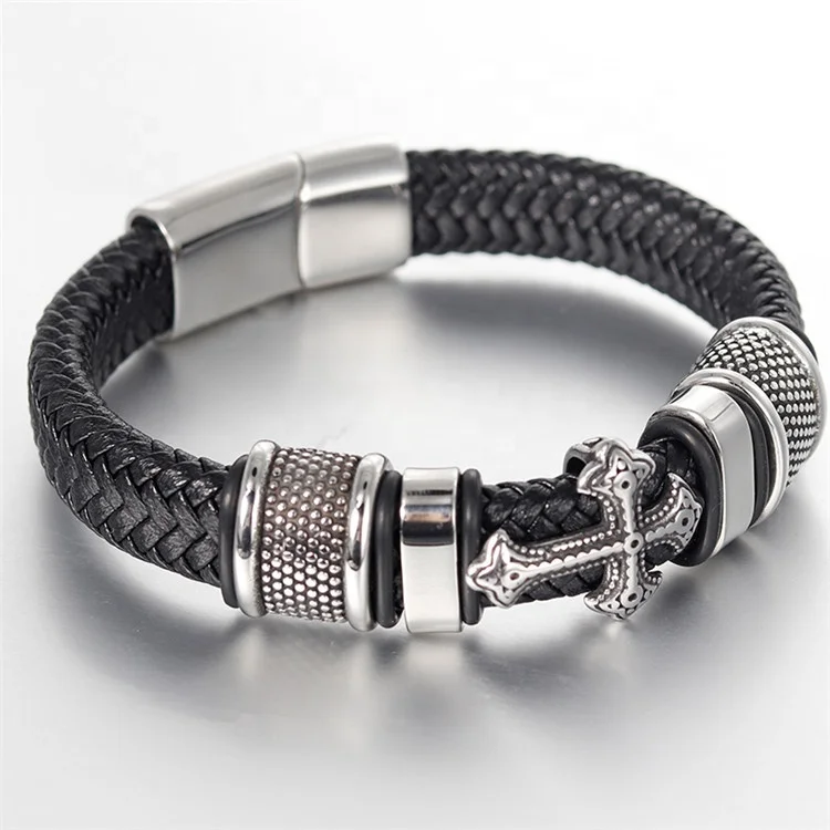 Punk Style Stainless Steel Cross Magnet Clasp Braided Genuine Leather Bracelet Pulsera Acero Inoxidable Hombre