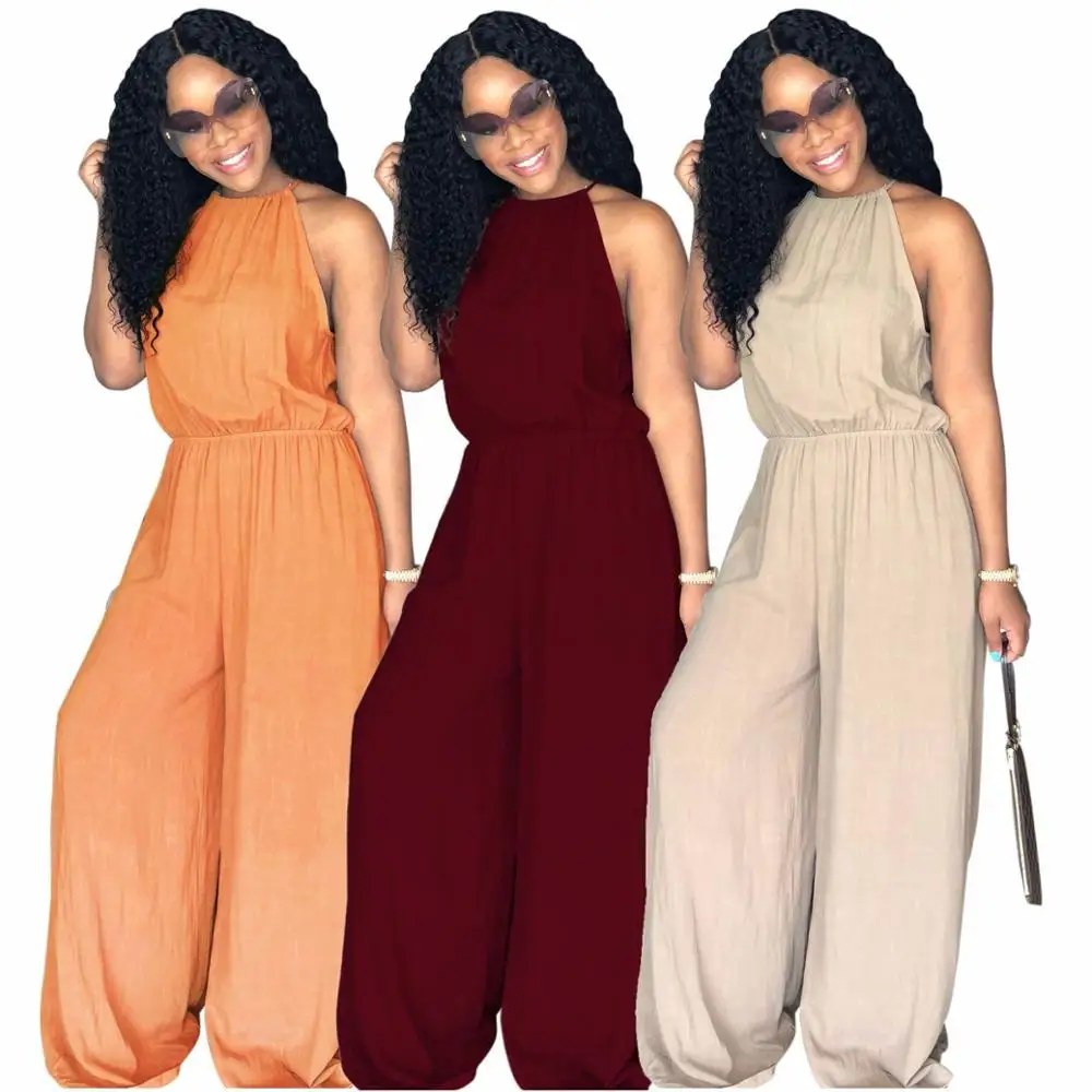 
Wholesale 2019 Women Solid Wide Leg Jumpsuit Sexy Halter Sleeveless Spaghetti Strap Long Pants Rompers 