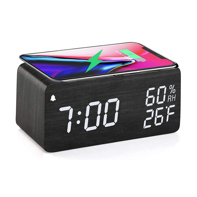 Лучший подарок на заказ от EMAF беспроводной зарядный коврик для смартфона Деревянный Будильник с отображением температуры и влажности даты
