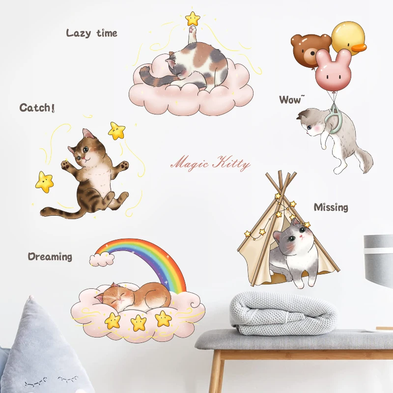 Cartoon magic kitty cute cat sticker Kids room rainbow wallpaper for baby room decoration