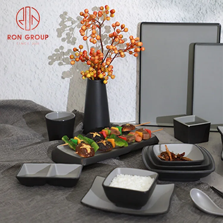 Japanese style high quality grey black food restaurant dinner round sushi plates bowls sets square tableware melamine dinnerware