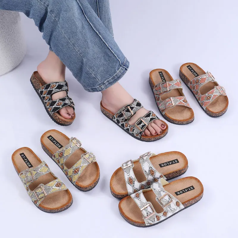 Customized Logo PVC Shoes Women Rhinestone Sandals Popular Double Buckle Sandals Soft Cork Slippers For Mujer