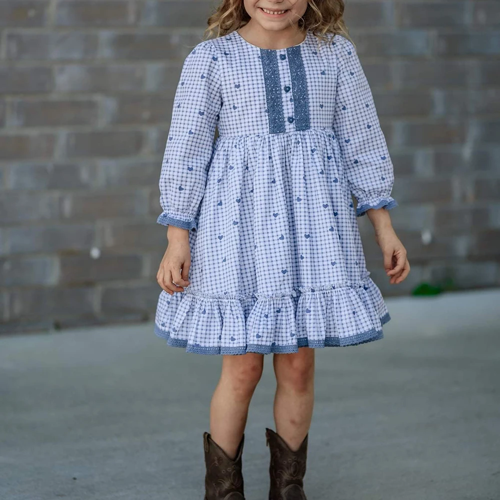 boutique wholesale Christmas new kids custom popular children printed festival ruffle dresses with long sleeves