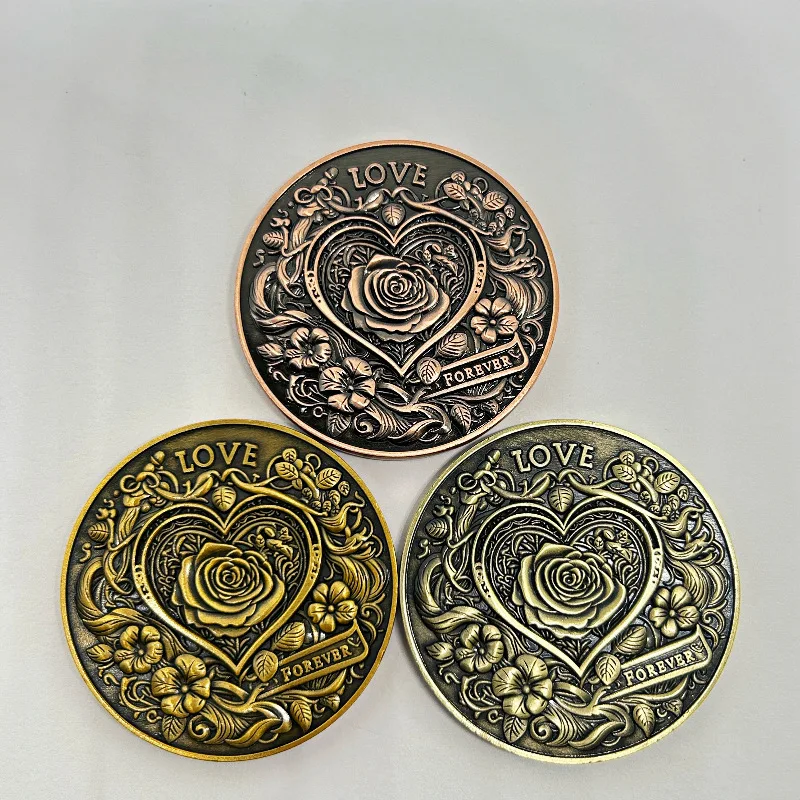 Double-Sided Rose Commemorative Coin, Zinc Alloy With Antique Red Copper Brushed Relief Finish
