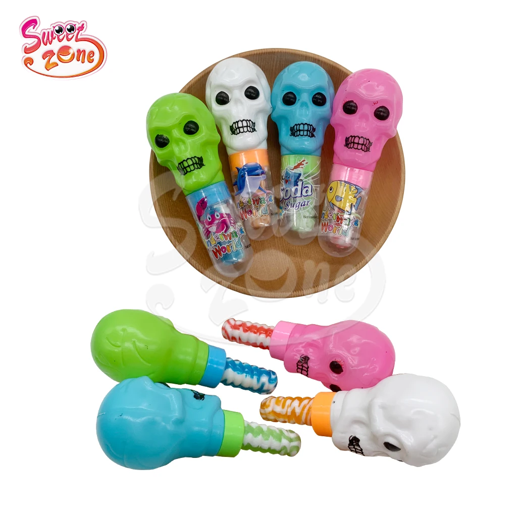 Wholesale oem plastic skull shape nipple hard candy with popping candy