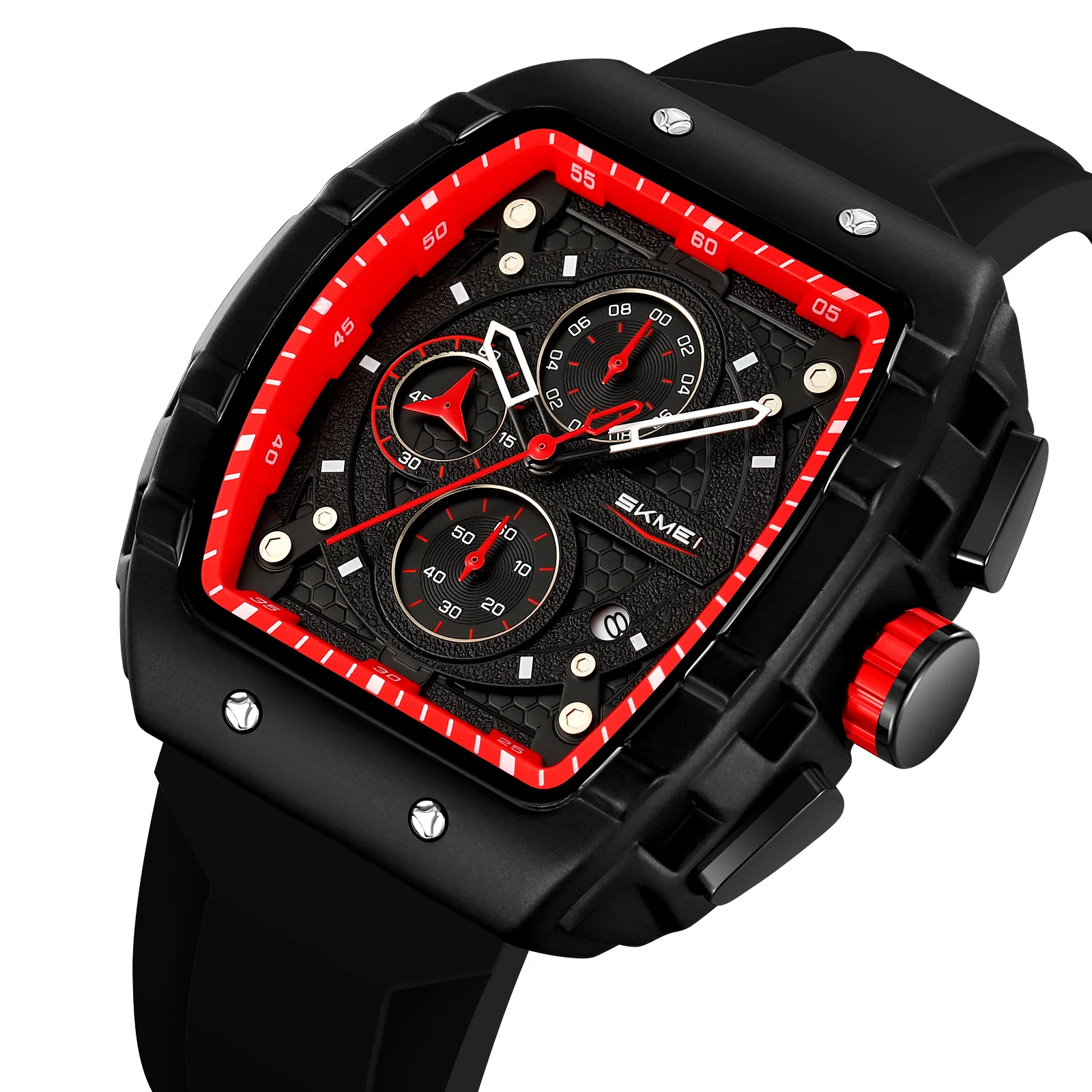 SKMEI 9341 Six-Pin Sports Watch with Large Dial Unique Rectangular Hollow Design Quartz Wristwatches with Chronograph Auto Date