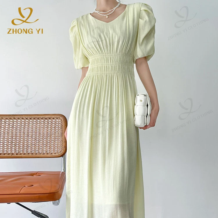 2023 Summer New Custom Puff Short Sleeve Midi Skirt Volume Solid Color Sweet Tensilk Material Fashion Women Casual Long Dresses