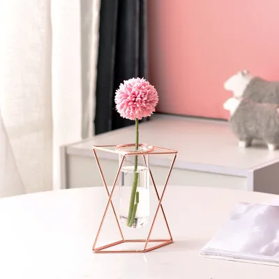 
Nordic ins geometric vase light luxury metal iron decoration living room flower arrangement creative home glass flower stand 