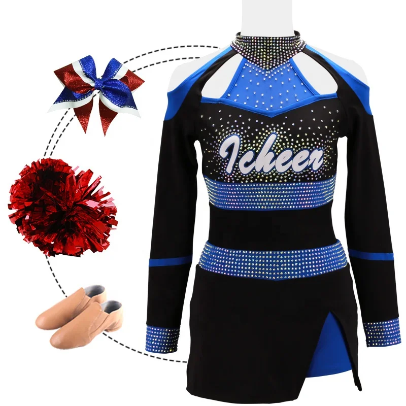 All Star Cheer Uniforms College Long Sleeve With AB Crystal Wholesale Black And Blue Cheerleading Competitions Uniform
