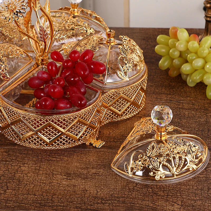 European Style Gold Metal Crystal Dry Fruit Tray Turkish Candy Snack Plate with Lid