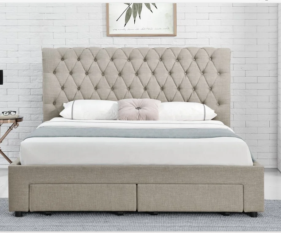 Willsoon Modern European Style Sleigh Bed Frame Wooden Velvet Fabric with Drawers Soft and for Home or Bedroom Furniture
