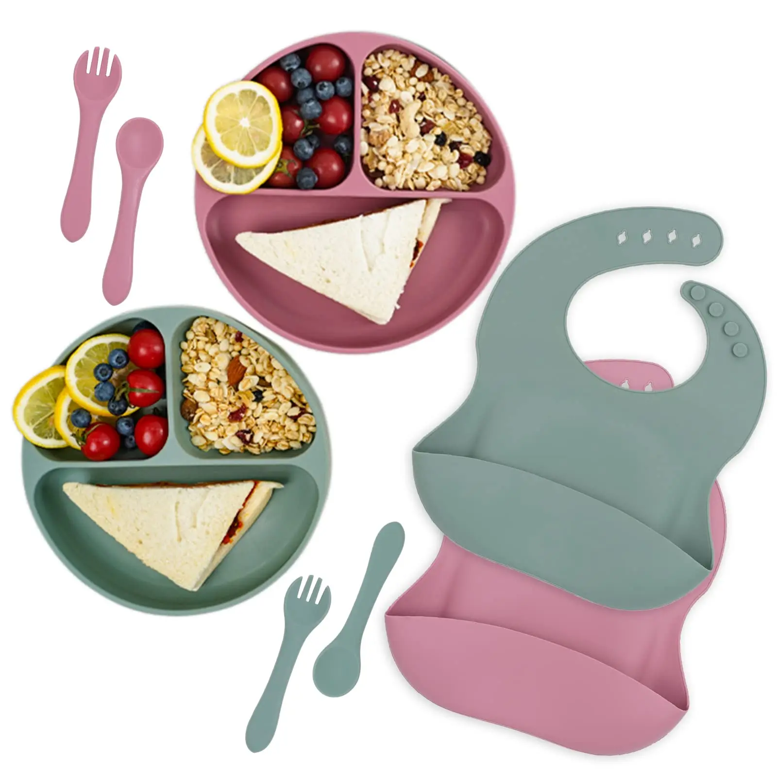 100% Food Grade Unbreakable Divided Feeding Plate Silicone Non-slip Suction Bowl And Chew Spoon Set For Babies And Toddlers