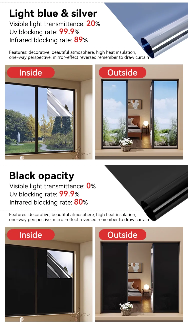 Thermal Insulation Films for 3M Mirror Reflective Pet Film Privacy Nano Glass Film One Way Solar Blocking Foil Double Silver