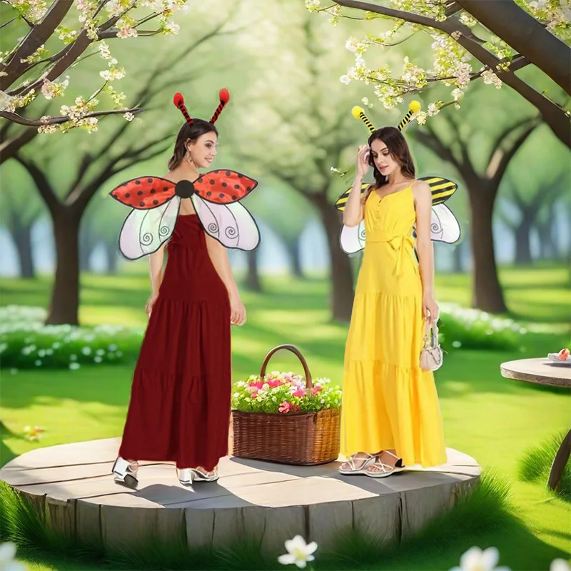 LP New Halloween holiday party masquerade ball Costume as an insect wing Ladybug bee wings 2-piece set