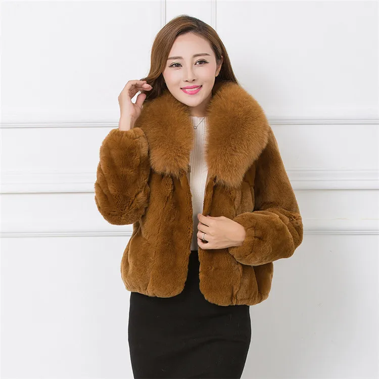 YQ263 free shipping Female women Rex Rabbit Fur Short Overcoat With Fox Fur Turn Down Collar Fashion Warm Coat