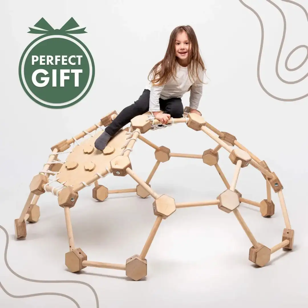 Montessori Wooden Climbing dome Frame Slide Set Natural Wood Indoor Playground with Ladder Wall for Bedroom  Application